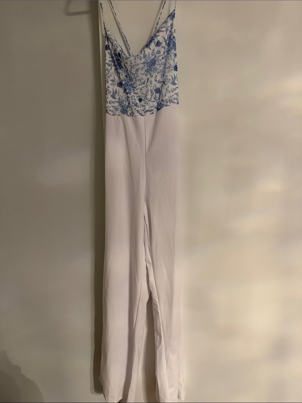 White Jumpsuit with Blue Floral Cami Bodice